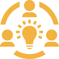 Group icon with people and a lightbulb representing collaborative ideas.
